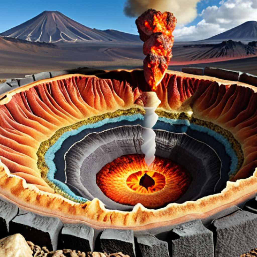 **A cross-section of the Earth, showcasing the layers (crust, mantle, core), with volcanoes erupting on the surface and tectonic plates shifting. Include gemstones and minerals in the crust layer, emphasizing their beauty and value.**