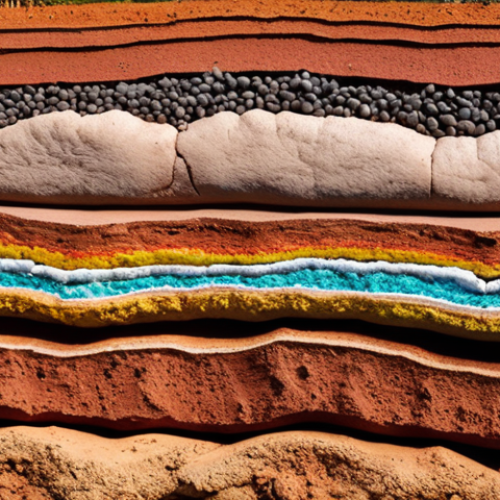 **Prompt:** Colorful soil layers showing different mineral compositions, vibrant earthy tones, educational diagram, close-up texture, Thai countryside setting.