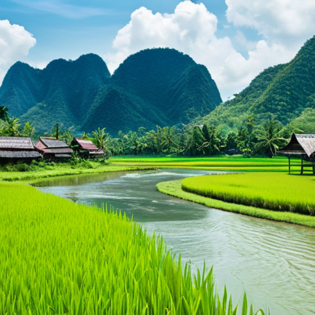 River Landscape**
A wide, shallow river winding through a lush, green valley in Thailand. Traditional Thai houses with pointed roofs are nestled on the riverbank. Water buffalo graze peacefully in the surrounding rice paddies. Clear blue sky with fluffy white clouds. Photography style, realistic, vibrant colors, safe for work, appropriate content, fully clothed, professional, modest, perfect anatomy, correct proportions, natural pose, well-formed hands, proper finger count, natural body proportions.
**
