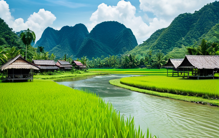 River Landscape**

A wide, shallow river winding through a lush, green valley in Thailand. Traditional Thai houses with pointed roofs are nestled on the riverbank. Water buffalo graze peacefully in the surrounding rice paddies. Clear blue sky with fluffy white clouds.  Photography style, realistic, vibrant colors, safe for work, appropriate content, fully clothed, professional, modest, perfect anatomy, correct proportions, natural pose, well-formed hands, proper finger count, natural body proportions.

**