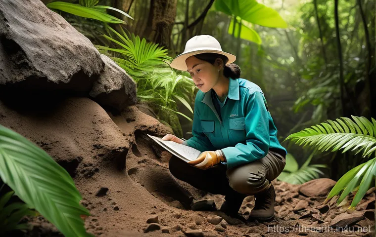 지구과학과 지층 분석 - **Prompt:** A female paleontologist, dressed in practical, long-sleeved field clothing, sturdy pants...