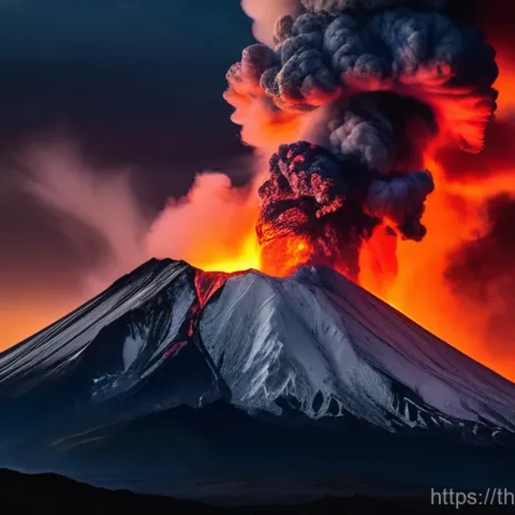 지구과학과 화산 분출 메커니즘 - **A majestic active volcano erupting at night.** Fiery, bright orange and red lava flows cascade dow...