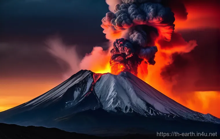 지구과학과 화산 분출 메커니즘 - **A majestic active volcano erupting at night.** Fiery, bright orange and red lava flows cascade dow...