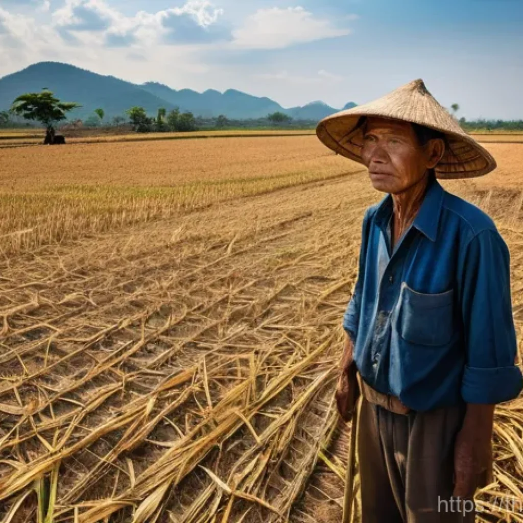 지구과학과 계절 변화 - **A Thai Farmer's Struggle Against Drought:**
A wide-angle, realistic photograph of a parched ri...