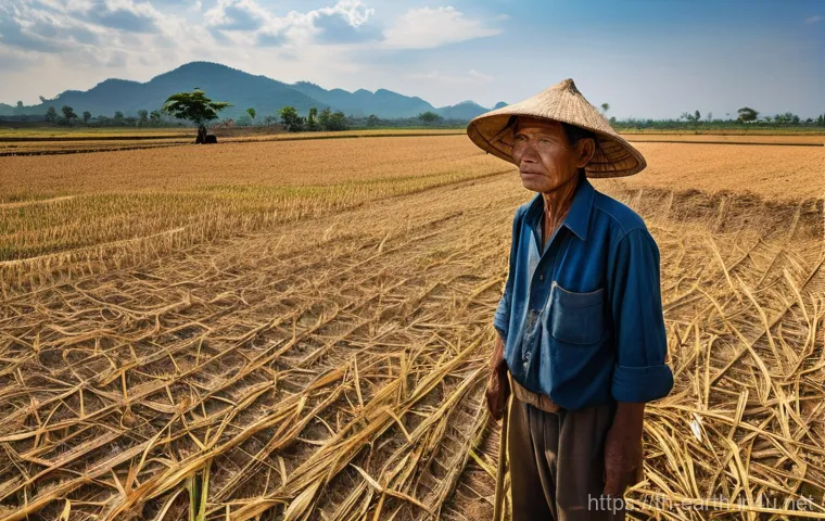지구과학과 계절 변화 - **A Thai Farmer's Struggle Against Drought:**
    A wide-angle, realistic photograph of a parched ri...