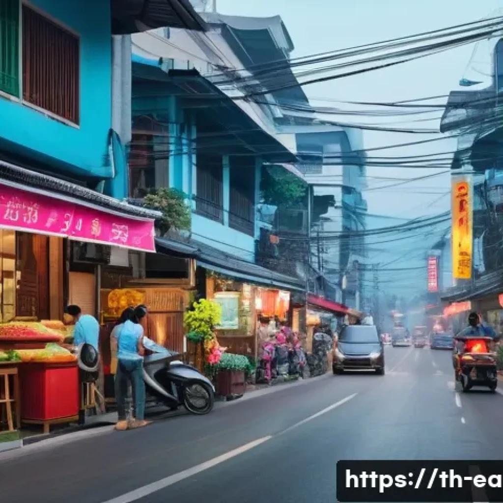 지구과학과 환경 보호 - A busy, vibrant urban street scene in a modern Thai city. A subtle, soft haze permeates the air, ind...