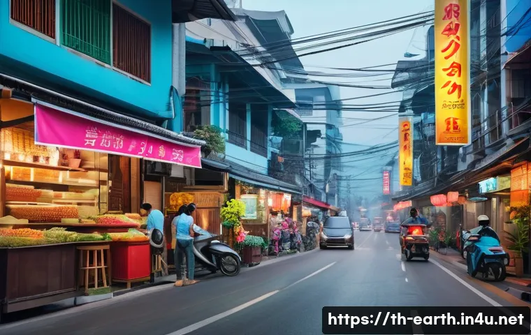 지구과학과 환경 보호 - A busy, vibrant urban street scene in a modern Thai city. A subtle, soft haze permeates the air, ind...