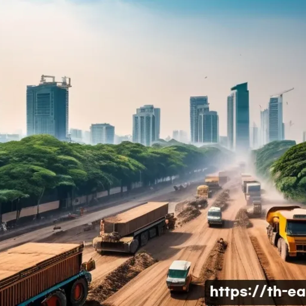 지구과학과 대기 오염 - A detailed urban scene in Bangkok showing a busy street near a large construction site with heavy ma...