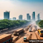 Home 21 지구과학과 대기 오염 - A detailed urban scene in Bangkok showing a busy street near a large construction site with heavy ma...