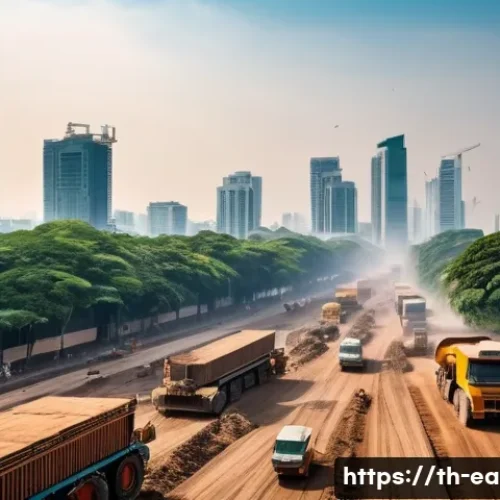 Home 33 지구과학과 대기 오염 - A detailed urban scene in Bangkok showing a busy street near a large construction site with heavy ma...