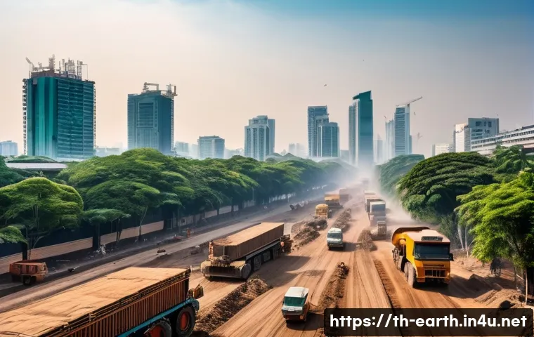 지구과학과 대기 오염 - A detailed urban scene in Bangkok showing a busy street near a large construction site with heavy ma...