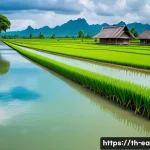 Home 20 지구과학과 환경 정책 - A vibrant rural Thai landscape during the rainy season showing lush green rice paddies with farmers ...