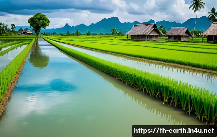 지구과학과 환경 정책 - A vibrant rural Thai landscape during the rainy season showing lush green rice paddies with farmers ...