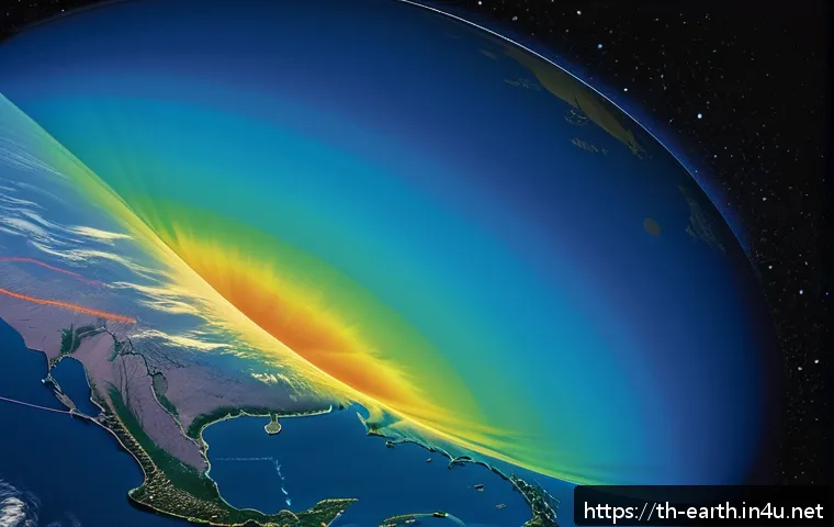 지구과학과 오존 연구 - A highly detailed scientific illustration of Earth’s atmospheric layers focusing on the stratosphere...
