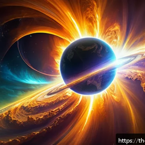 Home 30 지구과학과 태양풍 - A vivid and detailed digital painting of the solar wind streaming from the Sun’s corona, showing hig...