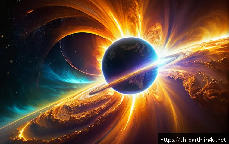 지구과학과 태양풍 - A vivid and detailed digital painting of the solar wind streaming from the Sun’s corona, showing hig...