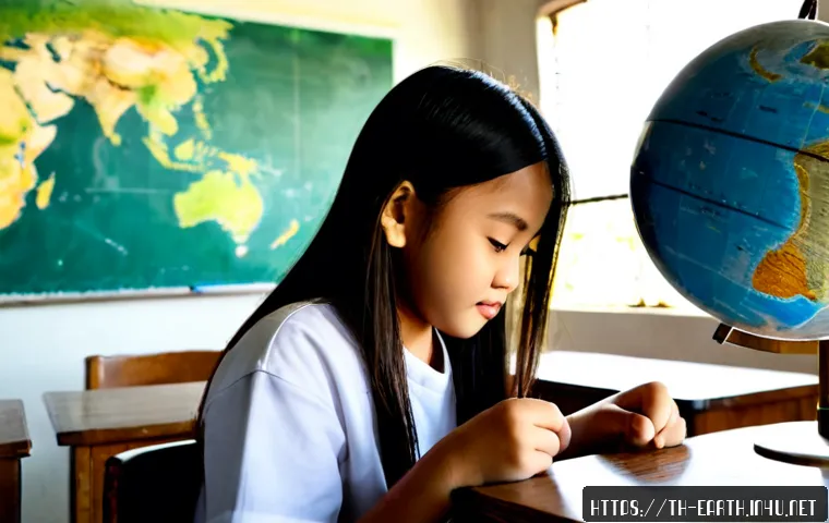 지구과학과 지구 공전 - Photorealistic Earth science classroom in Thailand, a Thai teenage student observing a detailed glob...