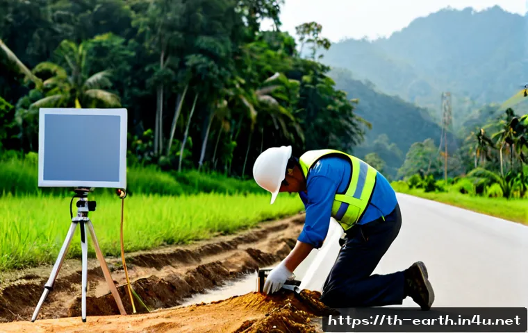 지구과학과 지진 연구 - Photorealistic earthquake research scene in Thailand, a Thai geologist wearing a safety helmet and f...
