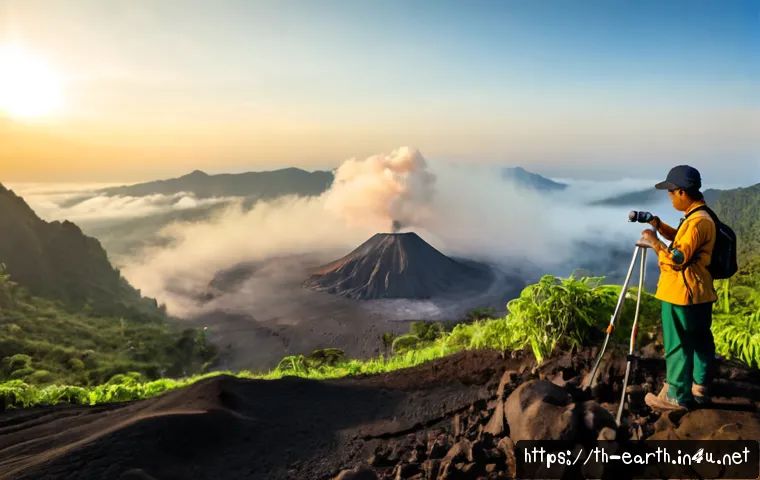 Home 29 지구과학과 화산학 - Photorealistic wide landscape of an active volcano in northern Thailand at sunrise, dark volcanic ro...